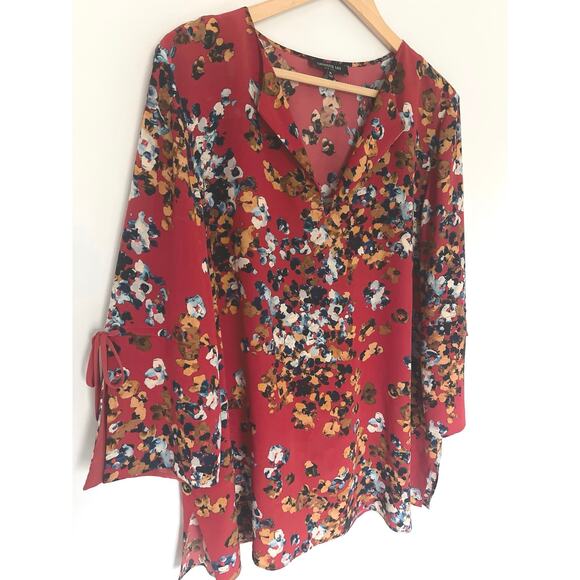 Lafayette 148 Sela Floral Print Silk Blouse 3/4 Sleeve Red Black White XL - Picture 3 of 7